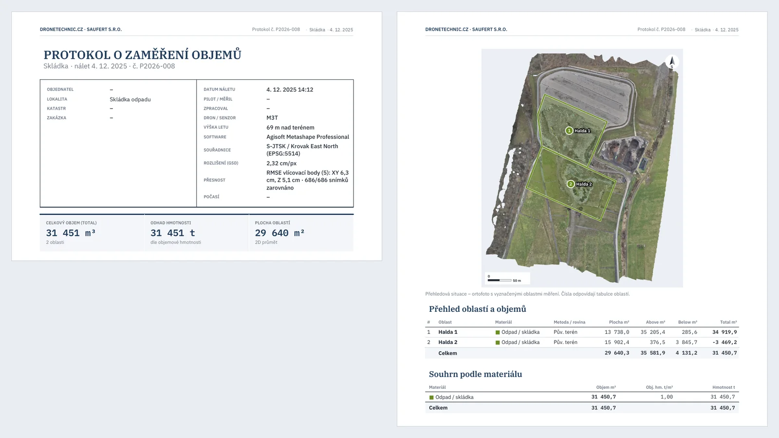 Protokol z měření skládky odpadu – titulní strana se souhrnem a přehledová mapa s tabulkou oblastí
