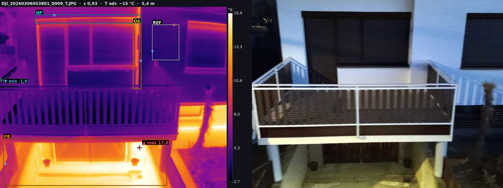 Termogram okna nad balkonem s vyznačeným nadpražím, ostěním a referenční plochou a vedle fotografie ve viditelném spektru