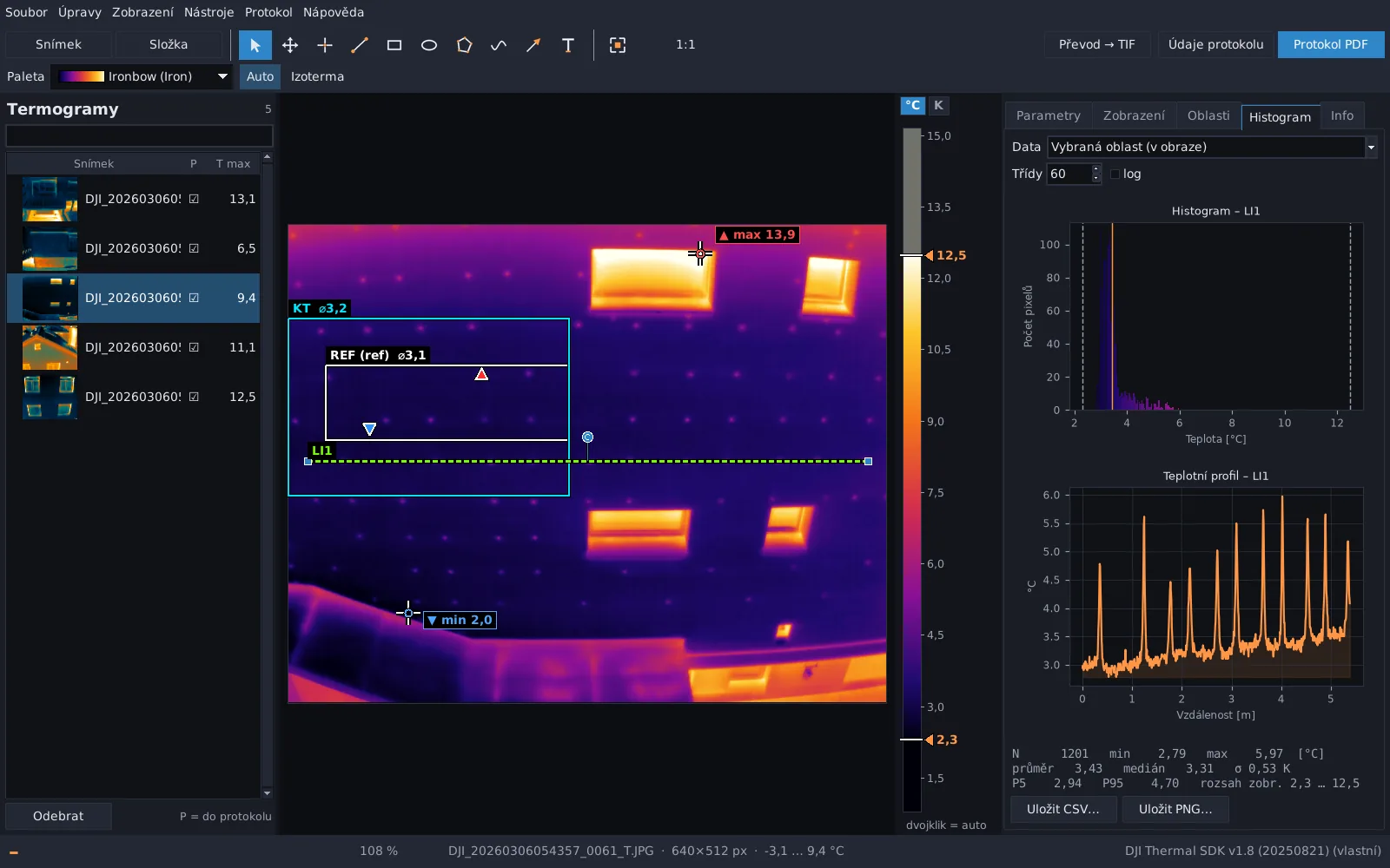 Teplotní profil přes kotvy kontaktního zateplení fasády v programu TermoAnalyzer Pro