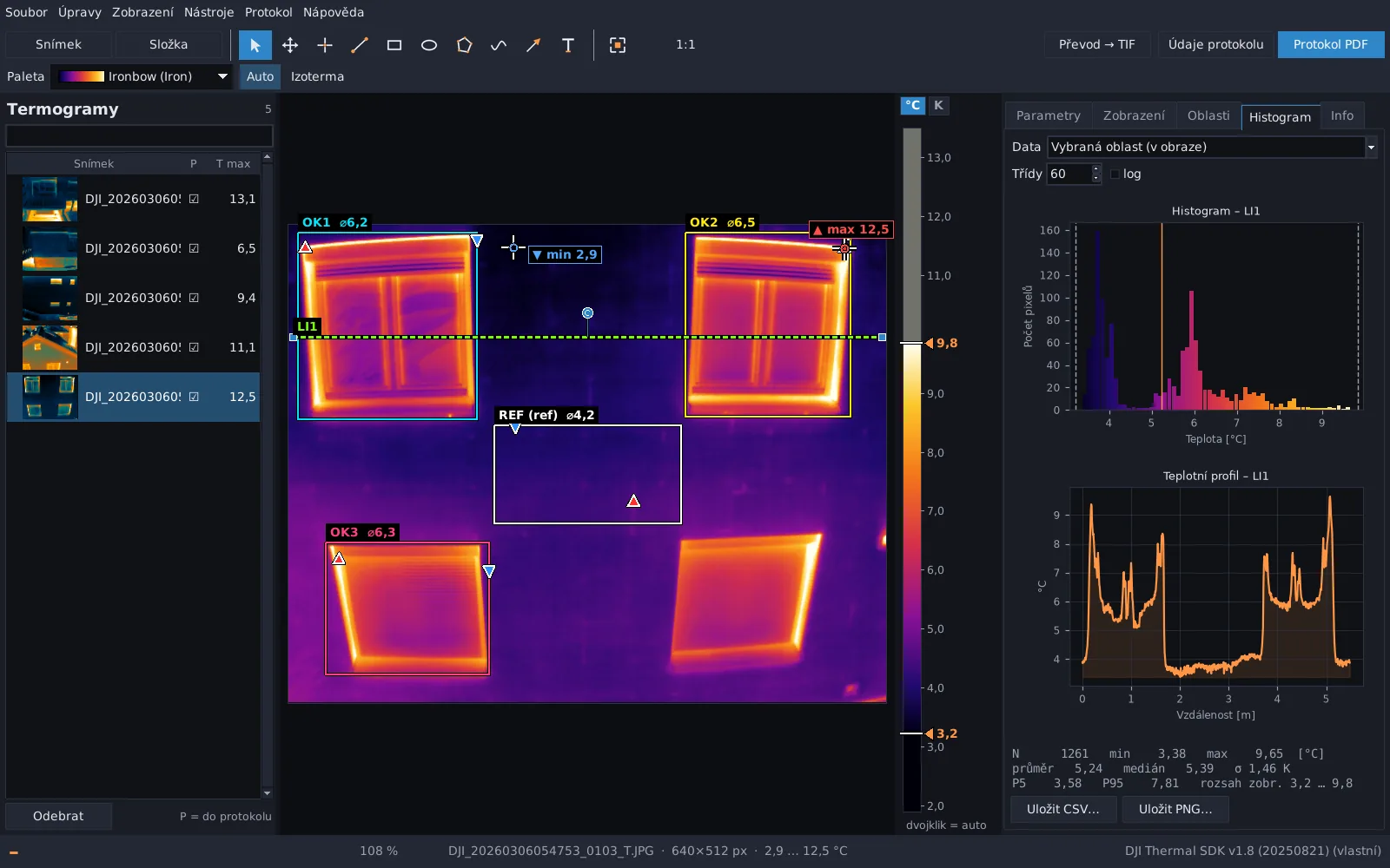 Teplotní profil přes okna s roletovými boxy v programu TermoAnalyzer Pro